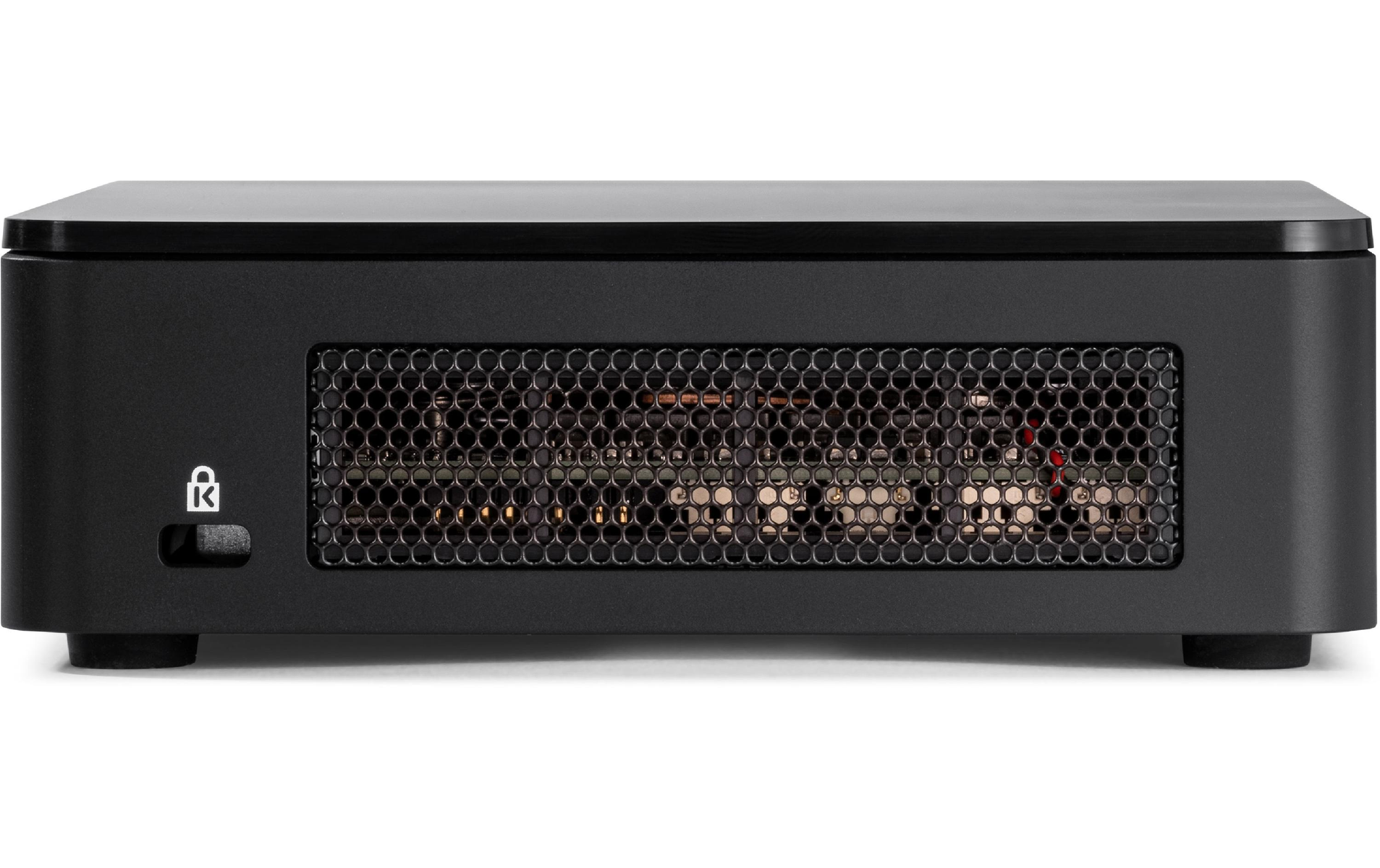 Czarne, prostokątne urządzenie z siatkowym przodem i logo.