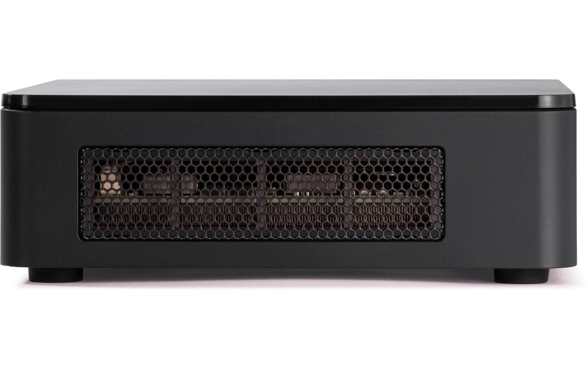 Czarne, prostokątne, kompaktowe urządzenie z siatkowym panelem przednim. Znajduje się na białym tle.