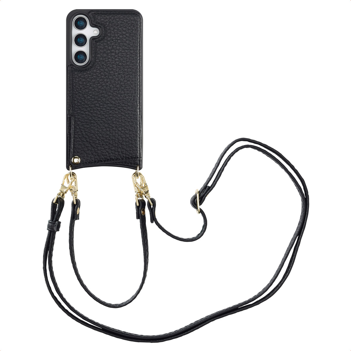 Custodia per telefono nera con cinturino, chiusure dorate e un telefono. Isolato su sfondo bianco.