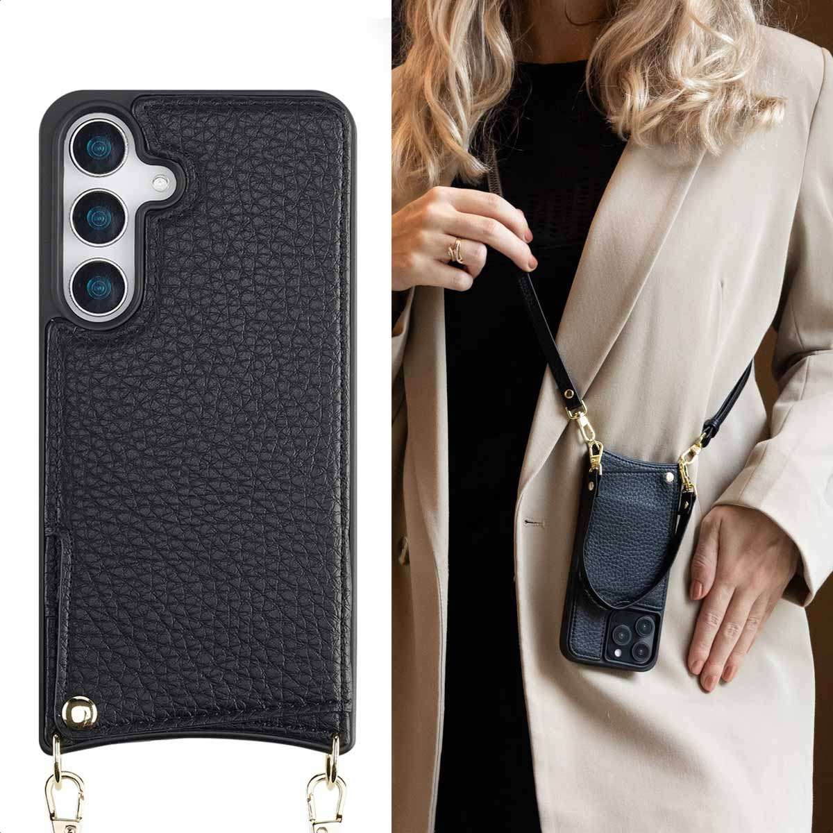 Custodia per telefono in pelle nera con cinturino. Il telefono è a destra, in una giacca beige.