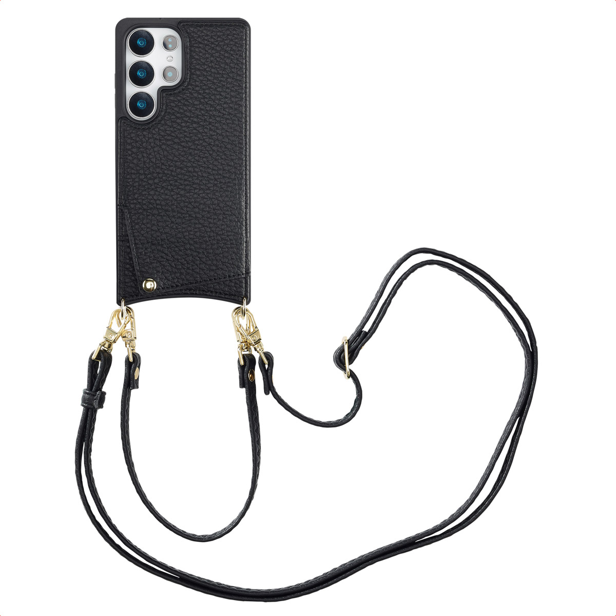 Custodia per telefono nera con cinturino, chiusure dorate e un telefono. Isolato su sfondo bianco.