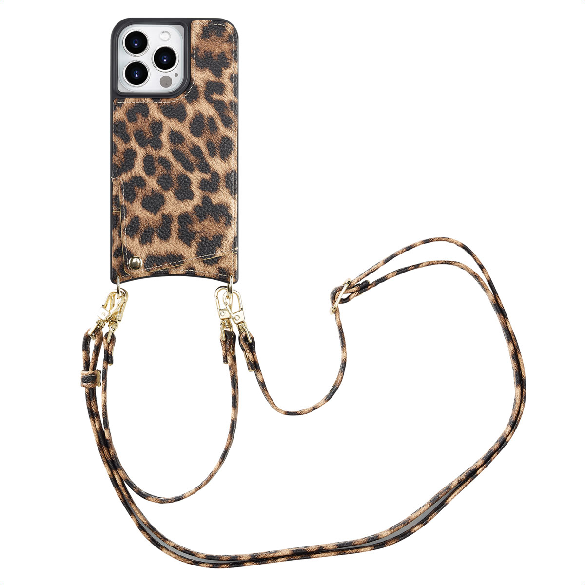 Coque de téléphone à imprimé léopard avec sangle, fermoirs dorés et fond blanc.