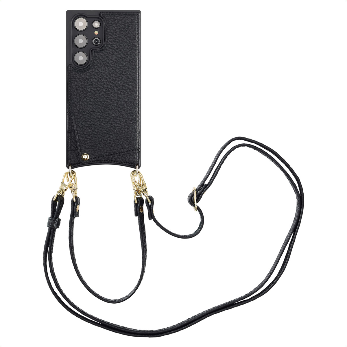 Un étui de téléphone avec un téléphone. Le téléphone est noir et affiche l'heure. L'étui est beige.