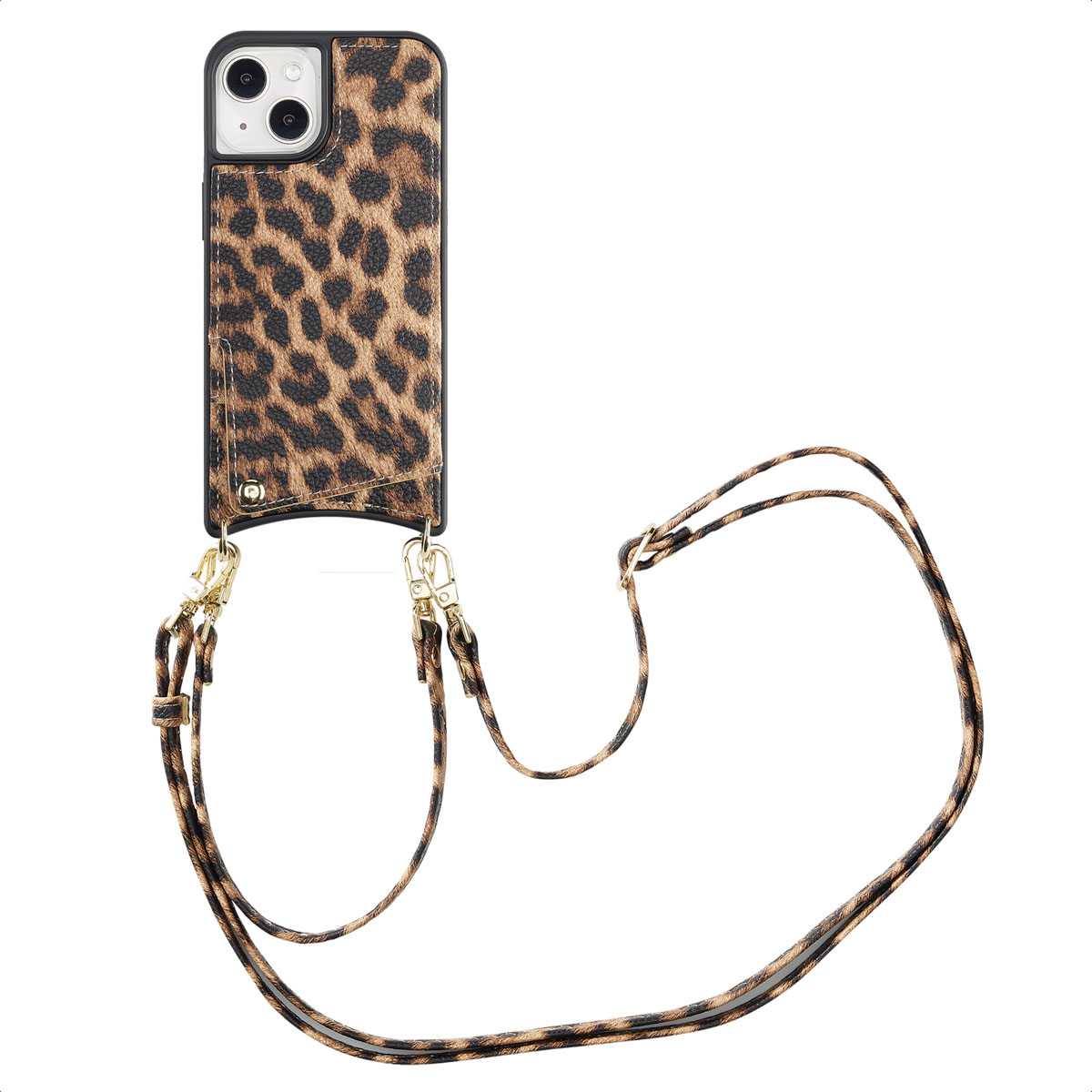 Une coque de téléphone à imprimé léopard avec une sangle, suspendue sur fond blanc.