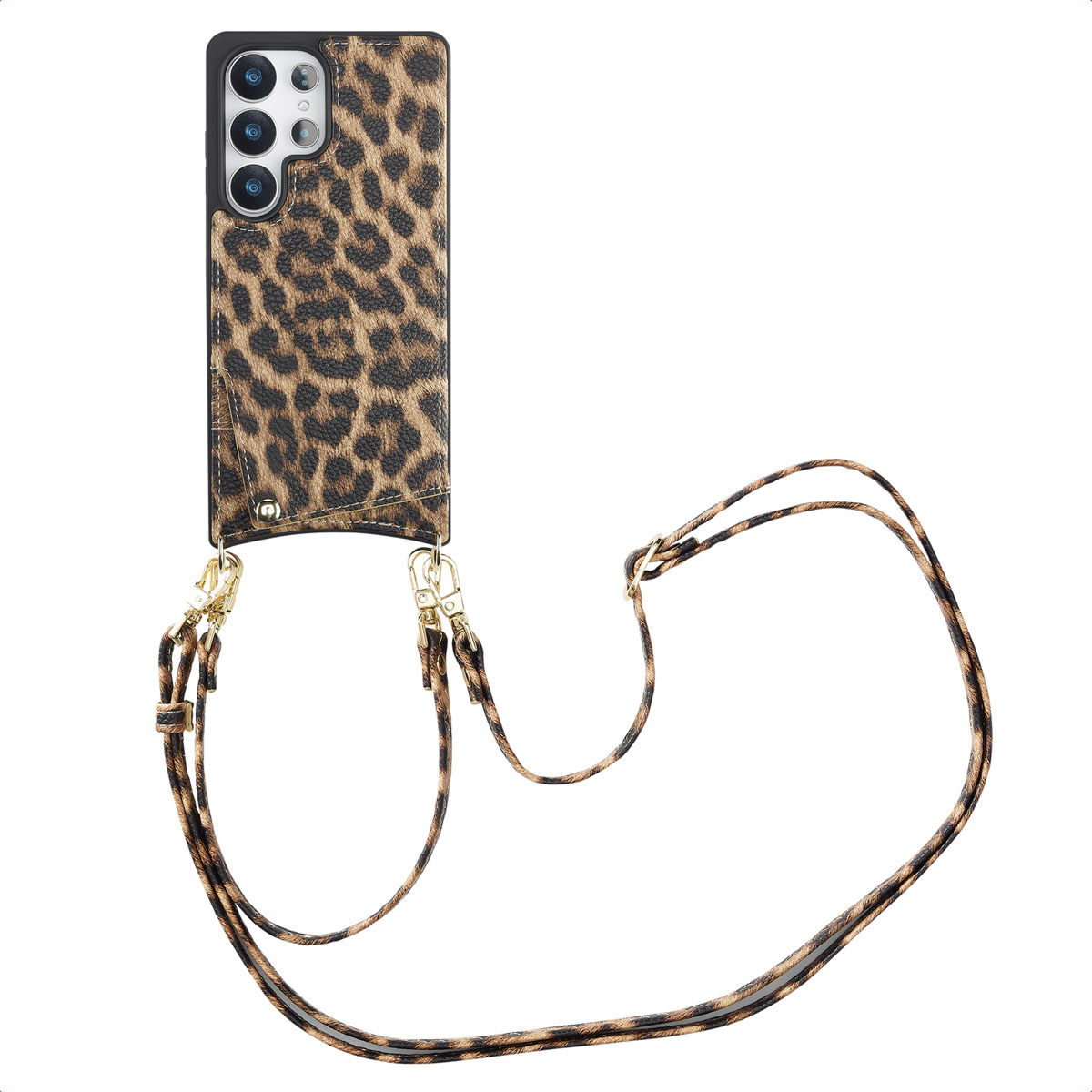 Custodia per telefono con stampa leopardata e cinturino. Componenti dorati.