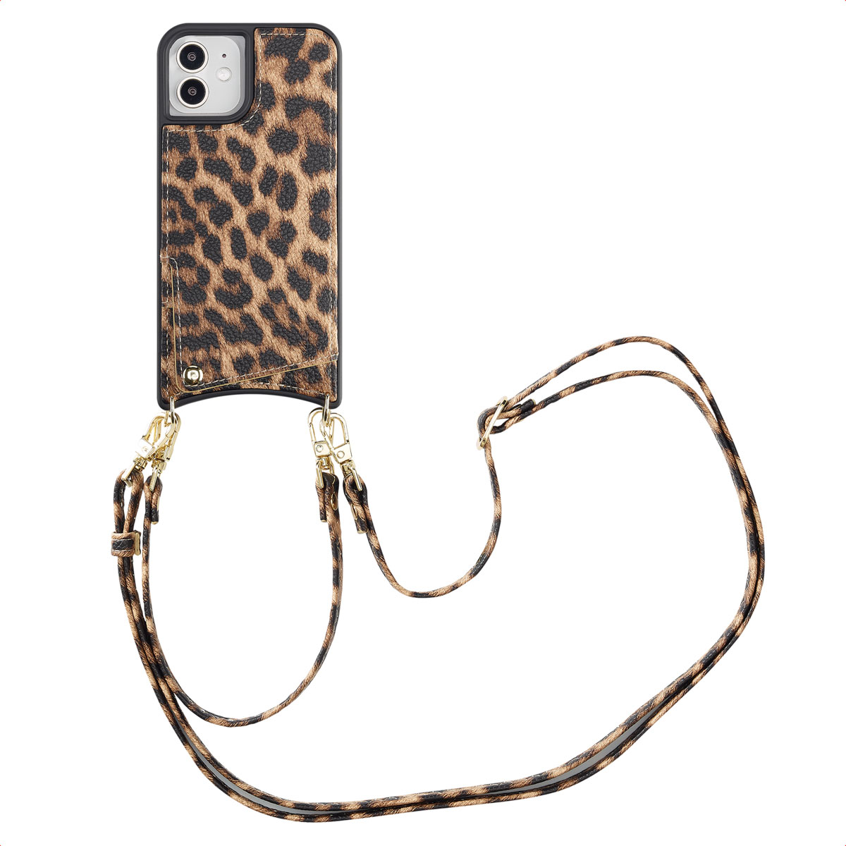 Een telefoonhoesje met een luipaardprint met een bandje en koord op wit.