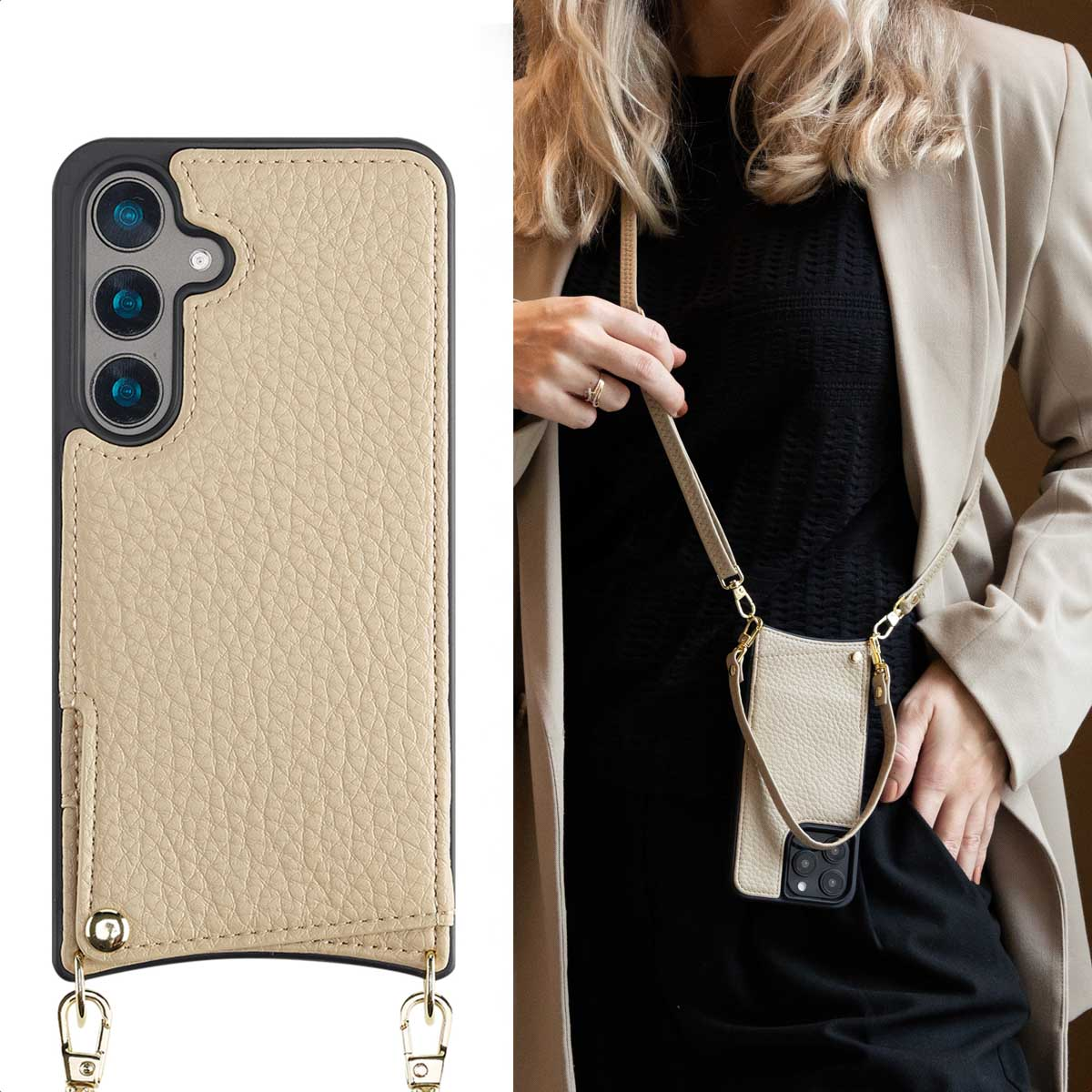 Custodia per telefono in pelle beige con cinturino, indossata da una persona. La custodia ha uno slot per carte.