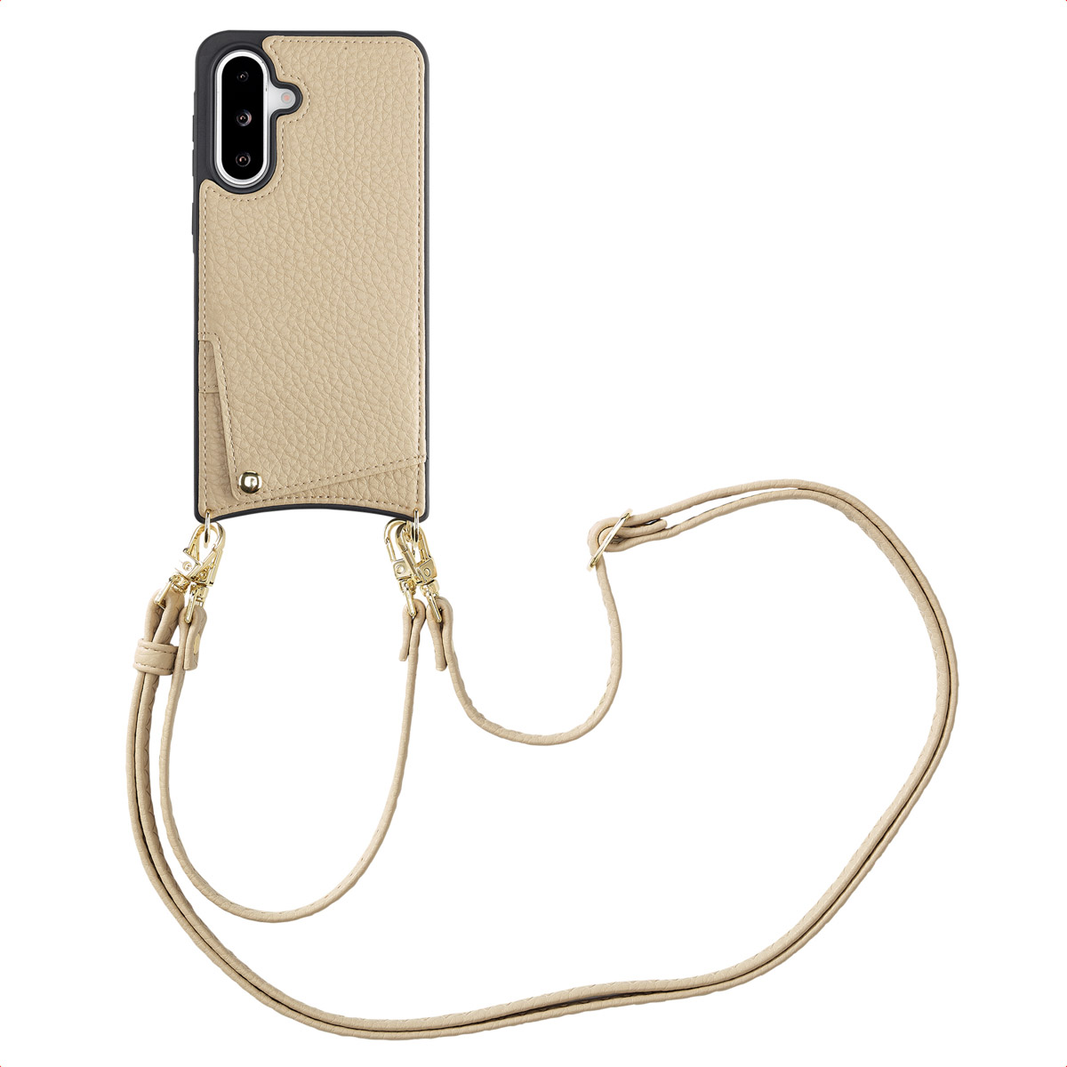 Coque de téléphone beige avec une sangle. Il a un porte-cartes et est attaché à une ficelle.