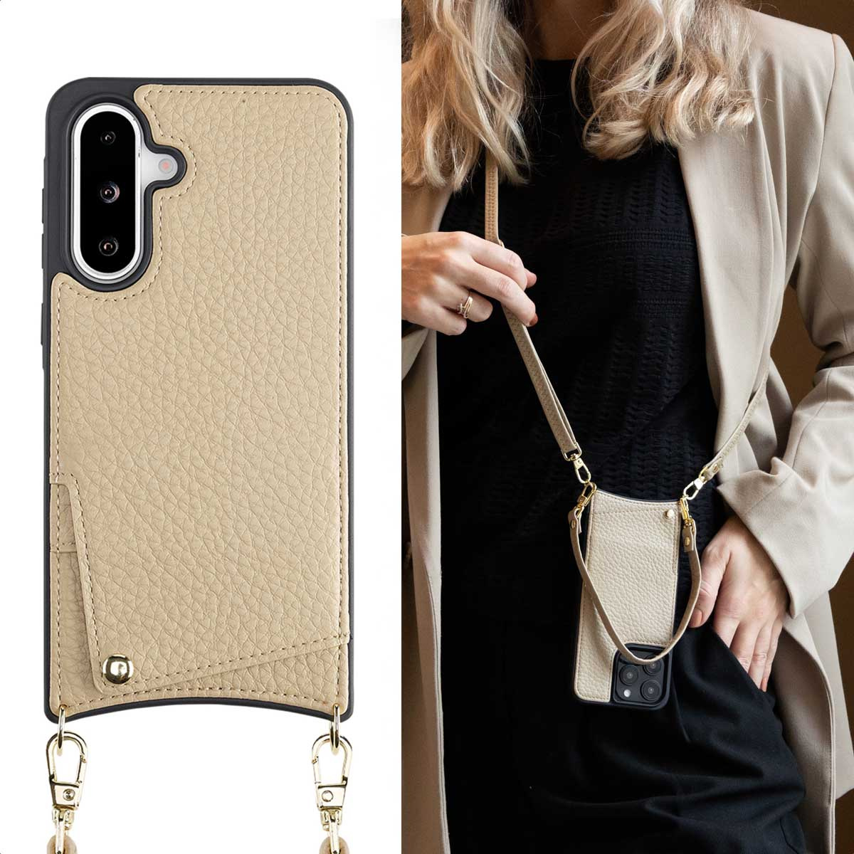 Un étui de téléphone avec une sangle, montré sur une personne. L'étui est beige clair.