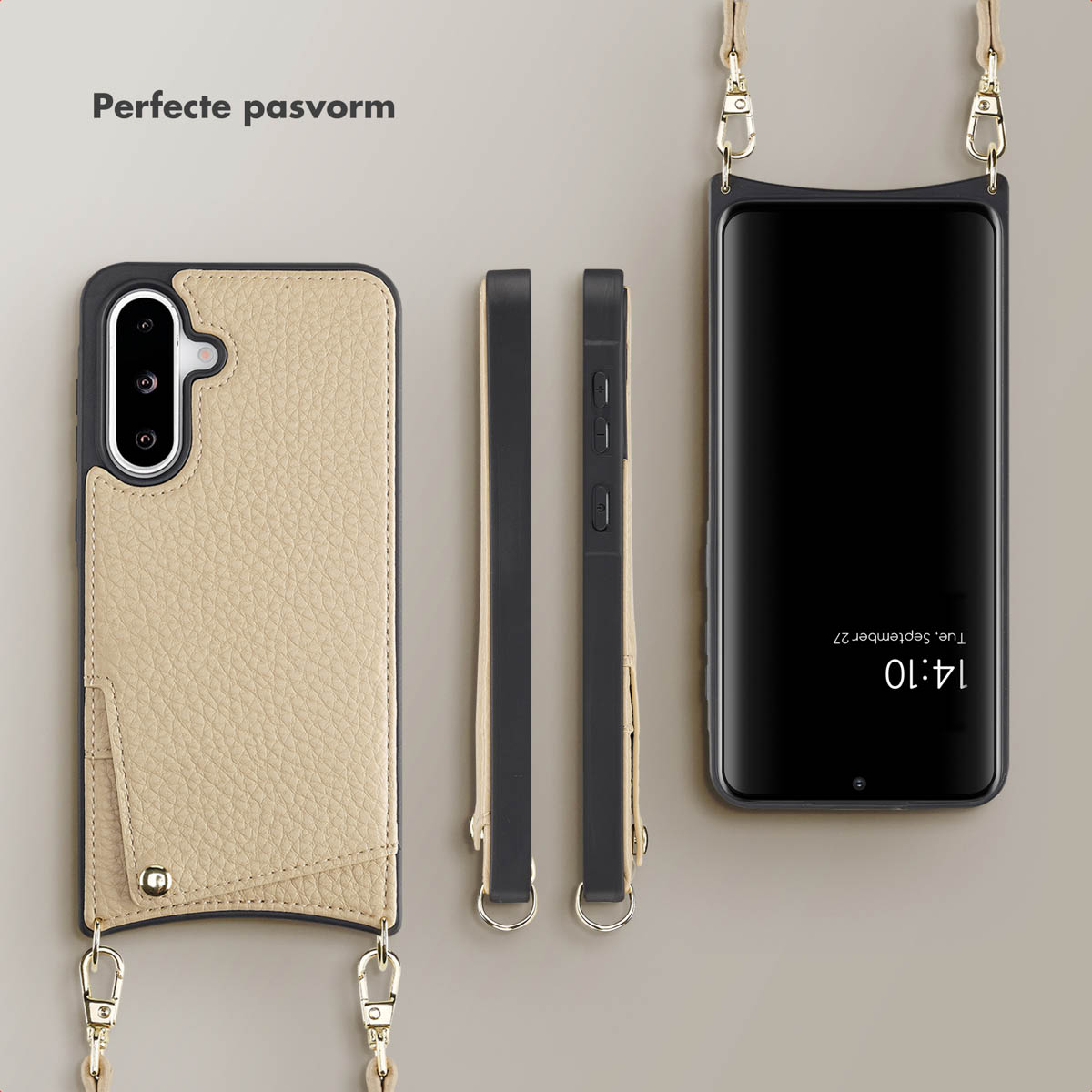 Coque de téléphone beige avec lanière et téléphone. Le téléphone affiche l'heure.