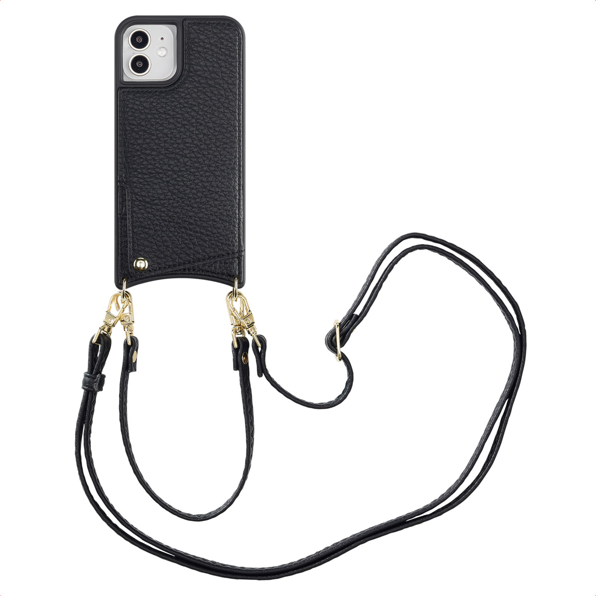 Zwarte telefoonhoes met een riem. De hoes heeft een leerachtige textuur. Gouden sluitingen houden de riem vast.