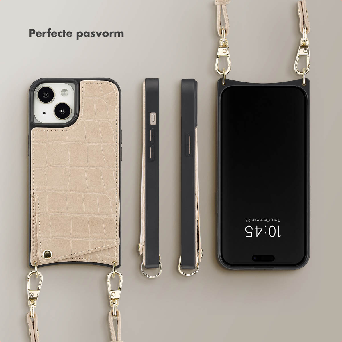 SELENCIA Nova Croco Backcover met koord en pashouder geschikt voor iPhone 15 Phone case for Apple iPhone 15 Beige