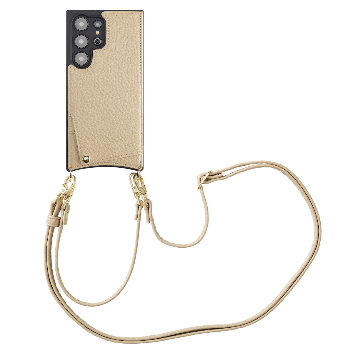 Un étui de téléphone portable en cuir beige avec une bandoulière assortie et des fermoirs dorés.