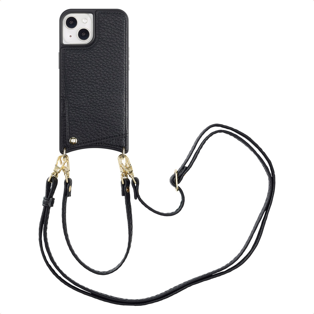 Une coque de téléphone noire avec une sangle. La coque est sur une surface blanche.