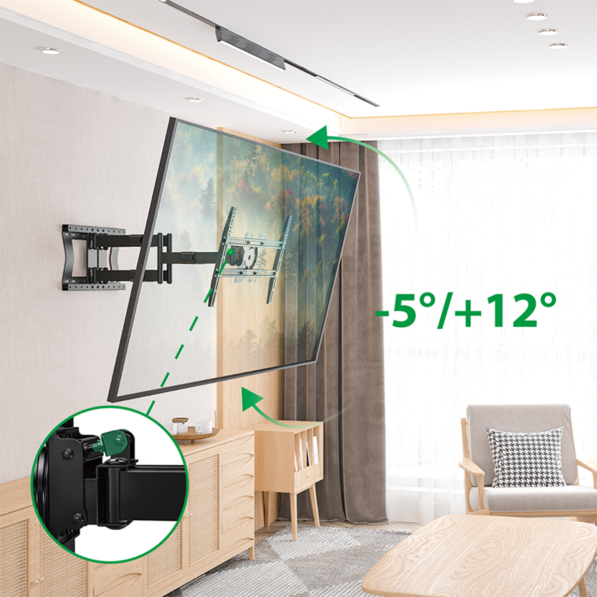 Tv aan de muur gemonteerd met een verstelbare arm. Toont kantelhoek, een gedeeltelijke weergave van een kamer.