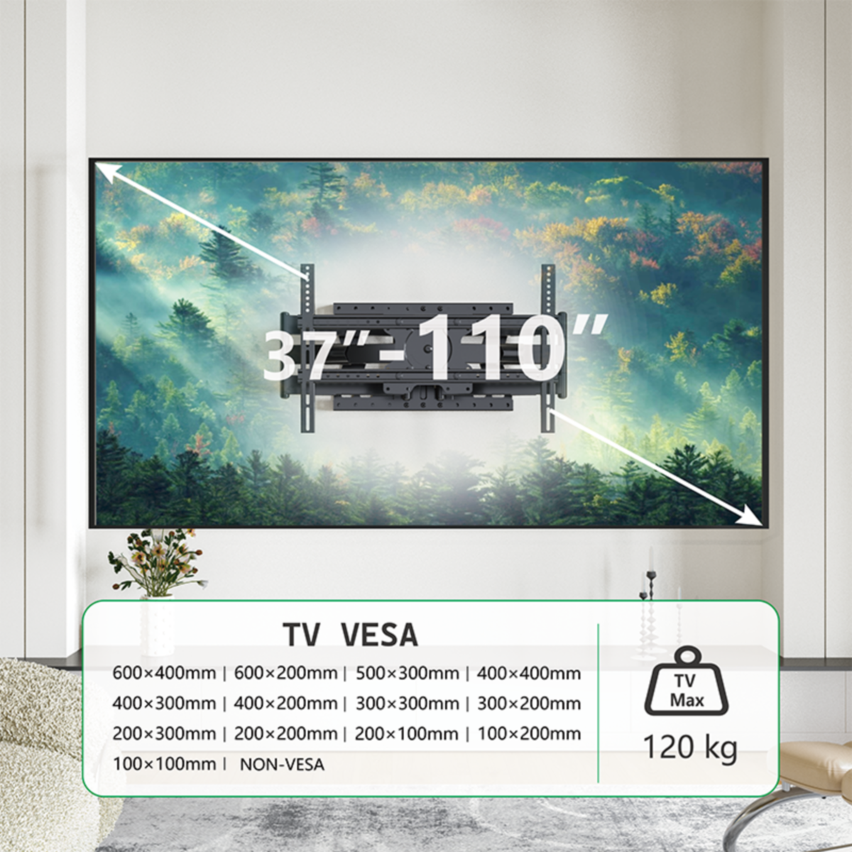 Tv aan de muur gemonteerd. Kenmerken: 37-110 inch formaat, VESA-compatibiliteit en een maximaal gewicht van 120 kg.