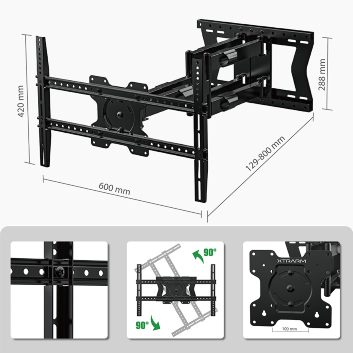 Zwarte tv-wandbeugel met afmetingen en diagrammen die de rotatie tonen.