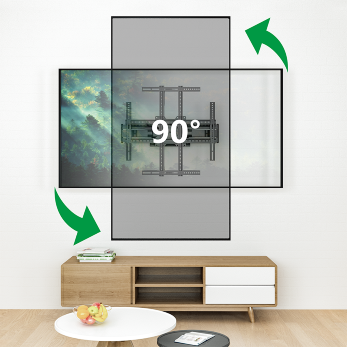 TV aan muur, pijlen geven 90 graden rotatie aan. Kast eronder met fruit.