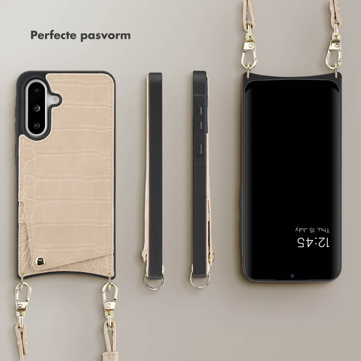 Coque de téléphone avec téléphone, différentes vues. Texte : Ajustement parfait. Coque beige avec téléphone noir.