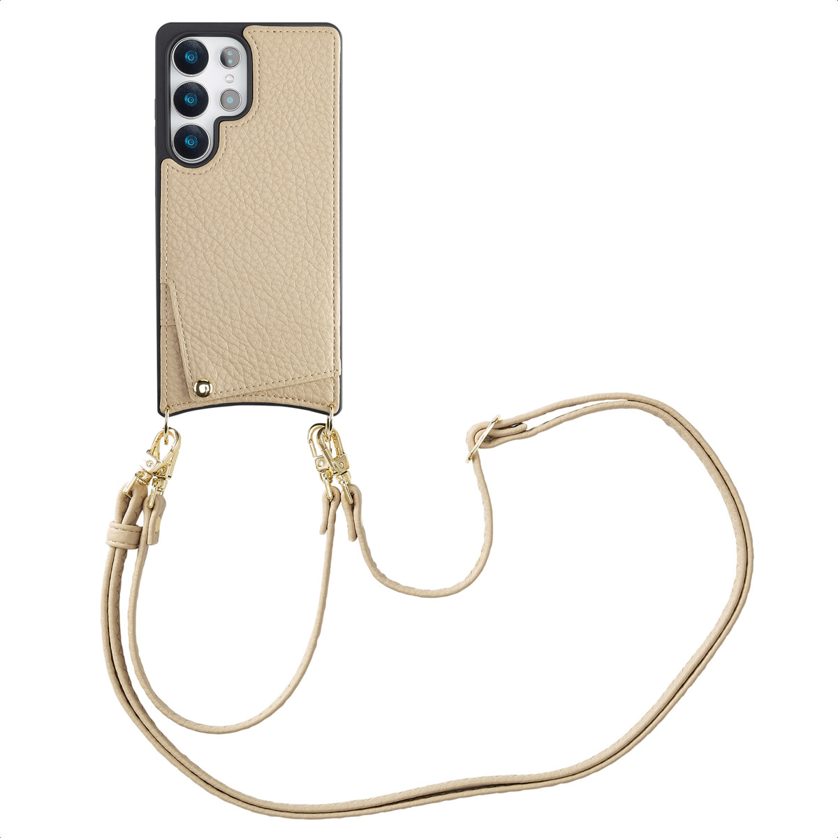 Una custodia per telefono beige con cordino viene mostrata.