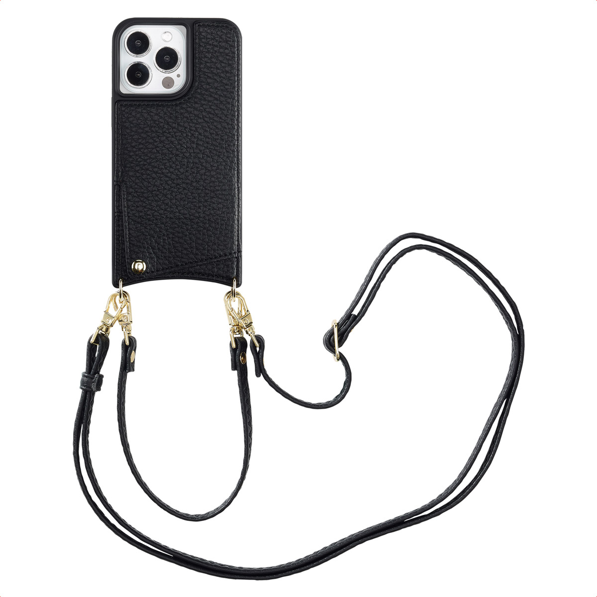 Zwarte leren telefoonhoes met een riem. De hoes heeft een telefoon en een riem.