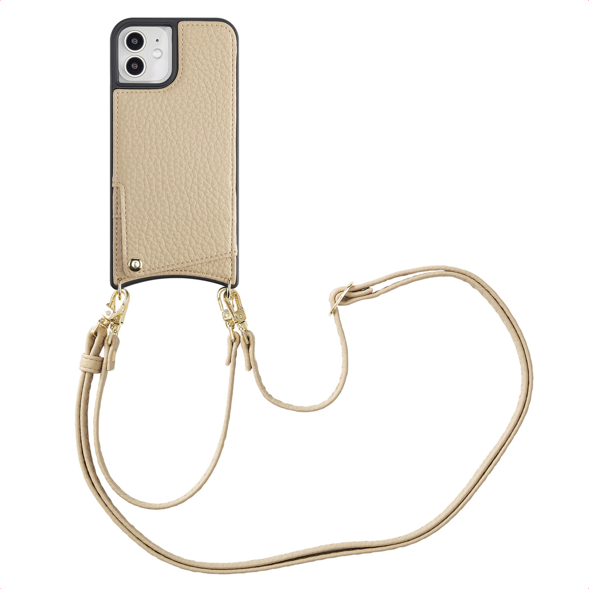 Beige telefoonhoesje met een riem en een kaartsleuf, bevestigd aan een beige riem.