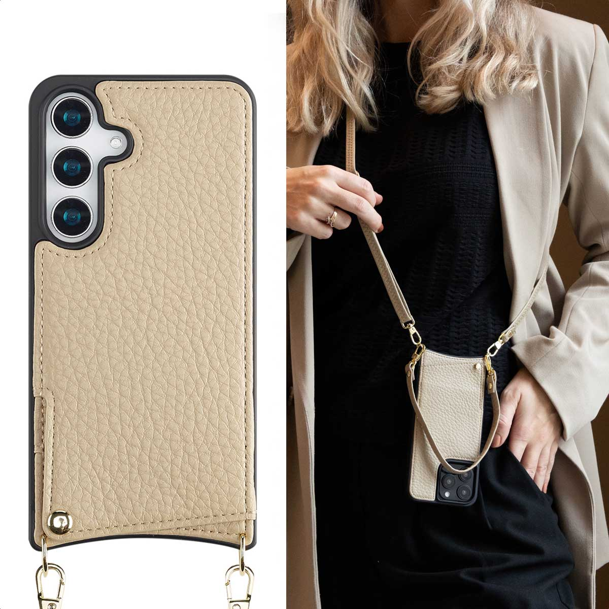 Una donna indossa una custodia per telefono beige con un cinturino abbinato. La custodia ha una finitura beige strutturata.