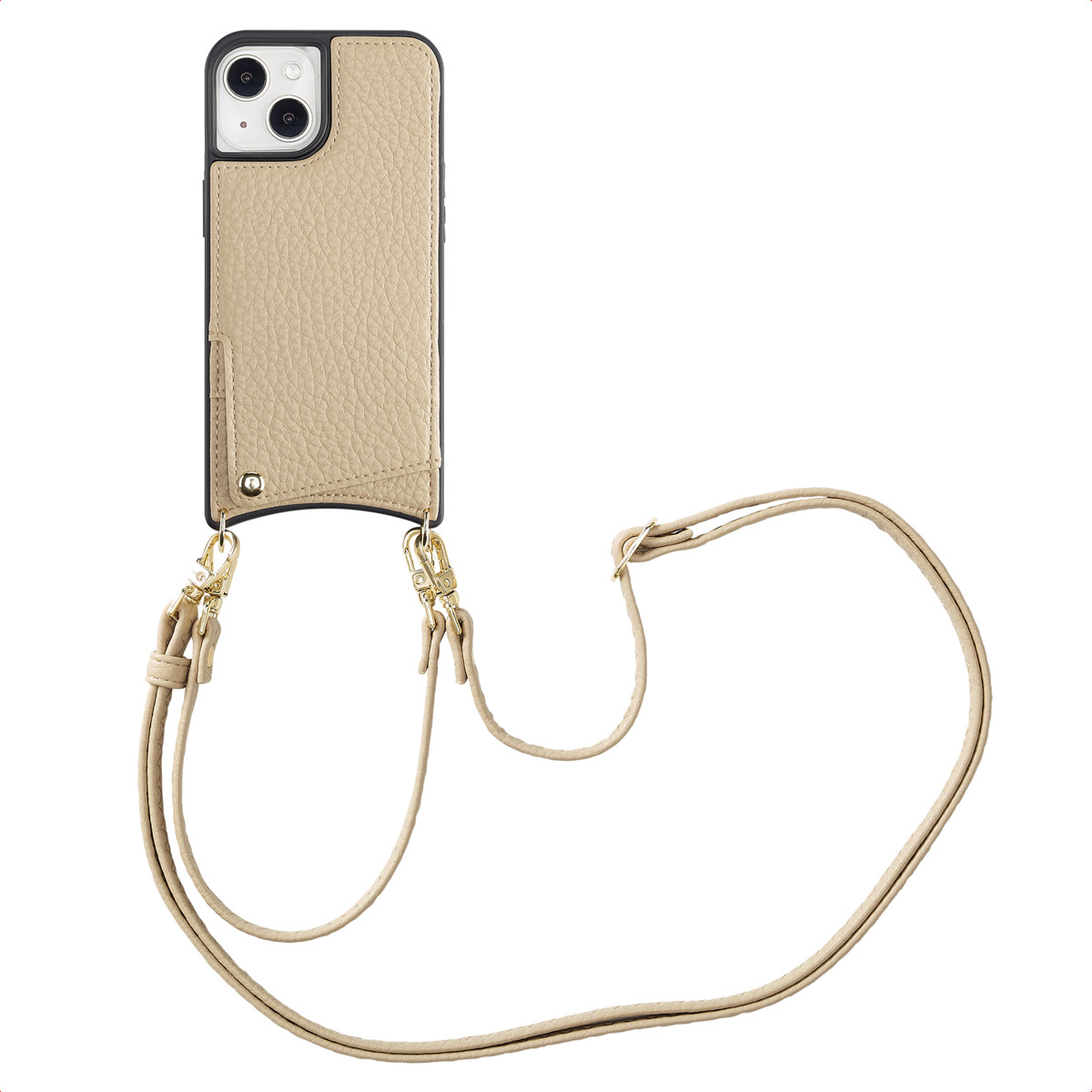 Étui de téléphone beige avec sangle, fermoirs dorés. Fond blanc.