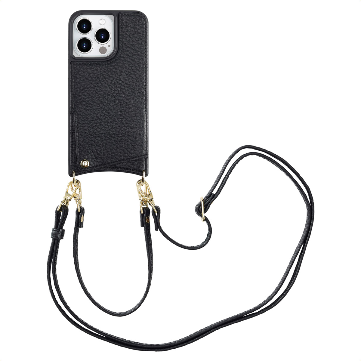 Zwarte telefoonhoes met een band. Heeft een camera-uitsparing en een zak. Witte achtergrond.
