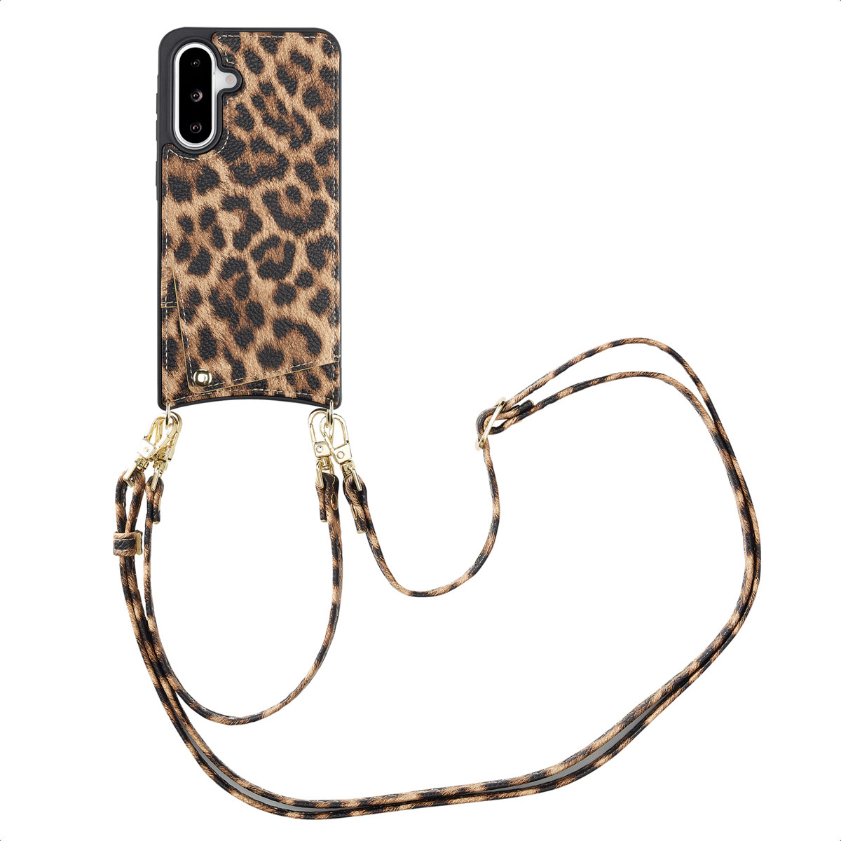 Een telefoonhoesje met luipaardprint met koord wordt getoond.