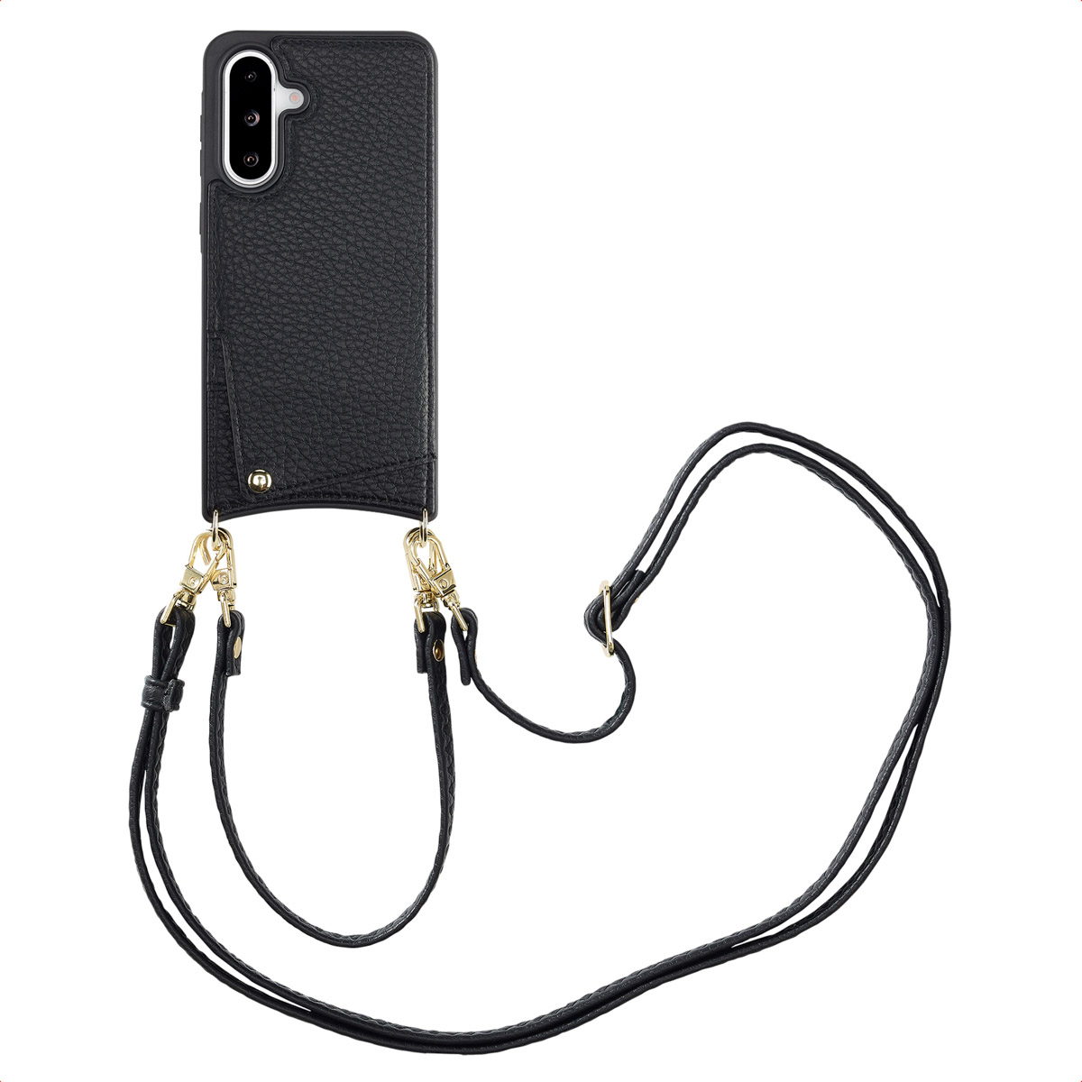 Een zwarte telefoonhoes met een bandje. De hoes heeft een vakje voor kaarten.