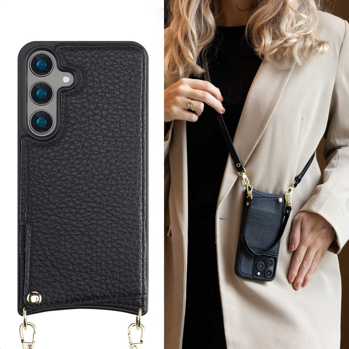 Custodia per telefono in pelle nera con cinturino, indossata da una persona. La custodia ha uno slot per carte.