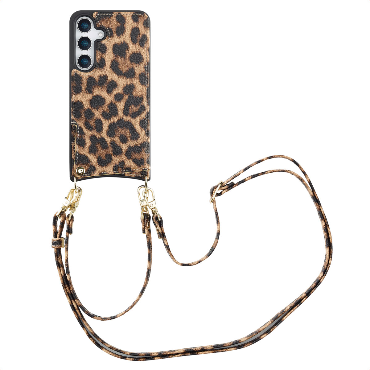 Una custodia per telefono con un design a stampa leopardata, accompagnata da un cinturino abbinato, su sfondo bianco.