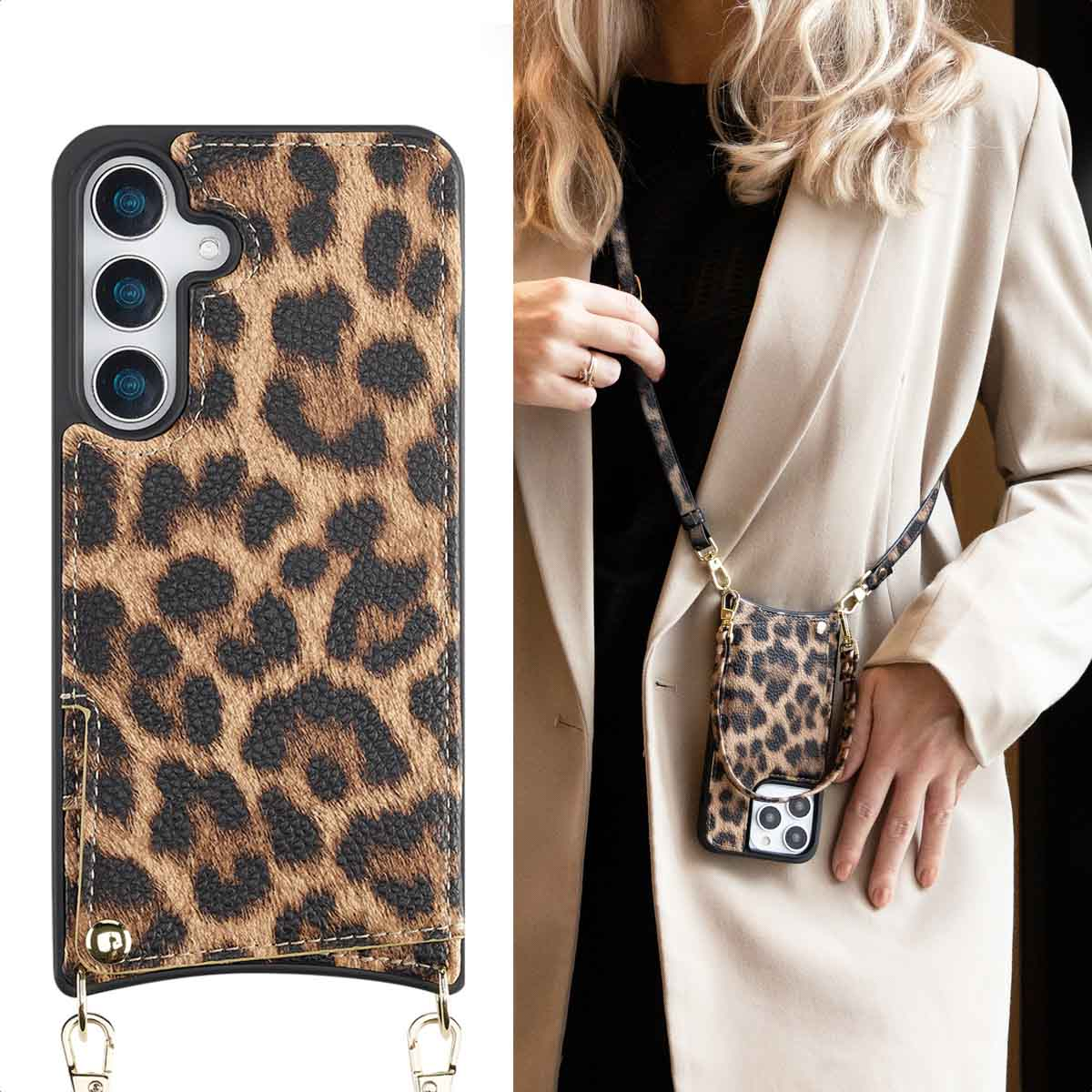 Una donna con una custodia per telefono leopardata con cinturino, che la tiene.
