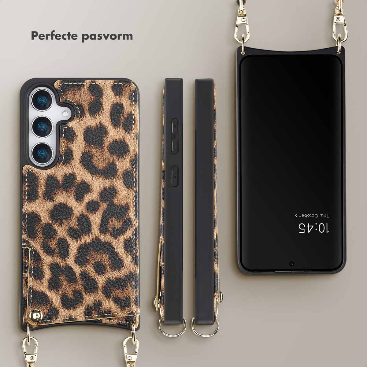 Una custodia per telefono con stampa leopardata, telefono e cinturino. La custodia e il telefono sono uno accanto all'altro.