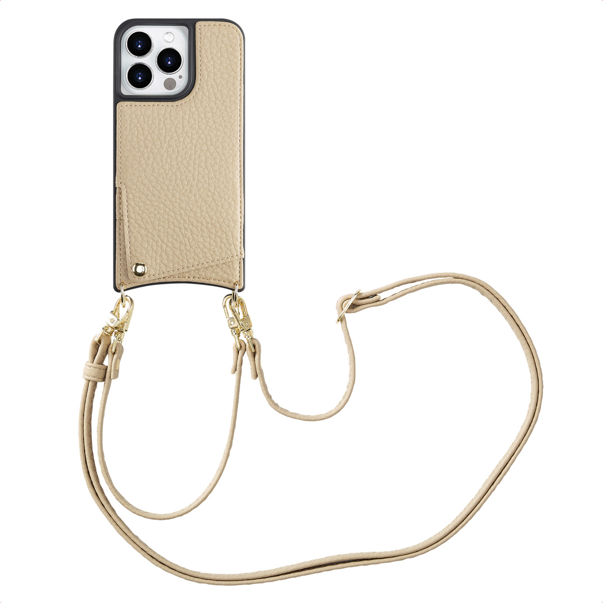 Beige telefoonhoesje met riem en kaarthouder. Witte achtergrond.