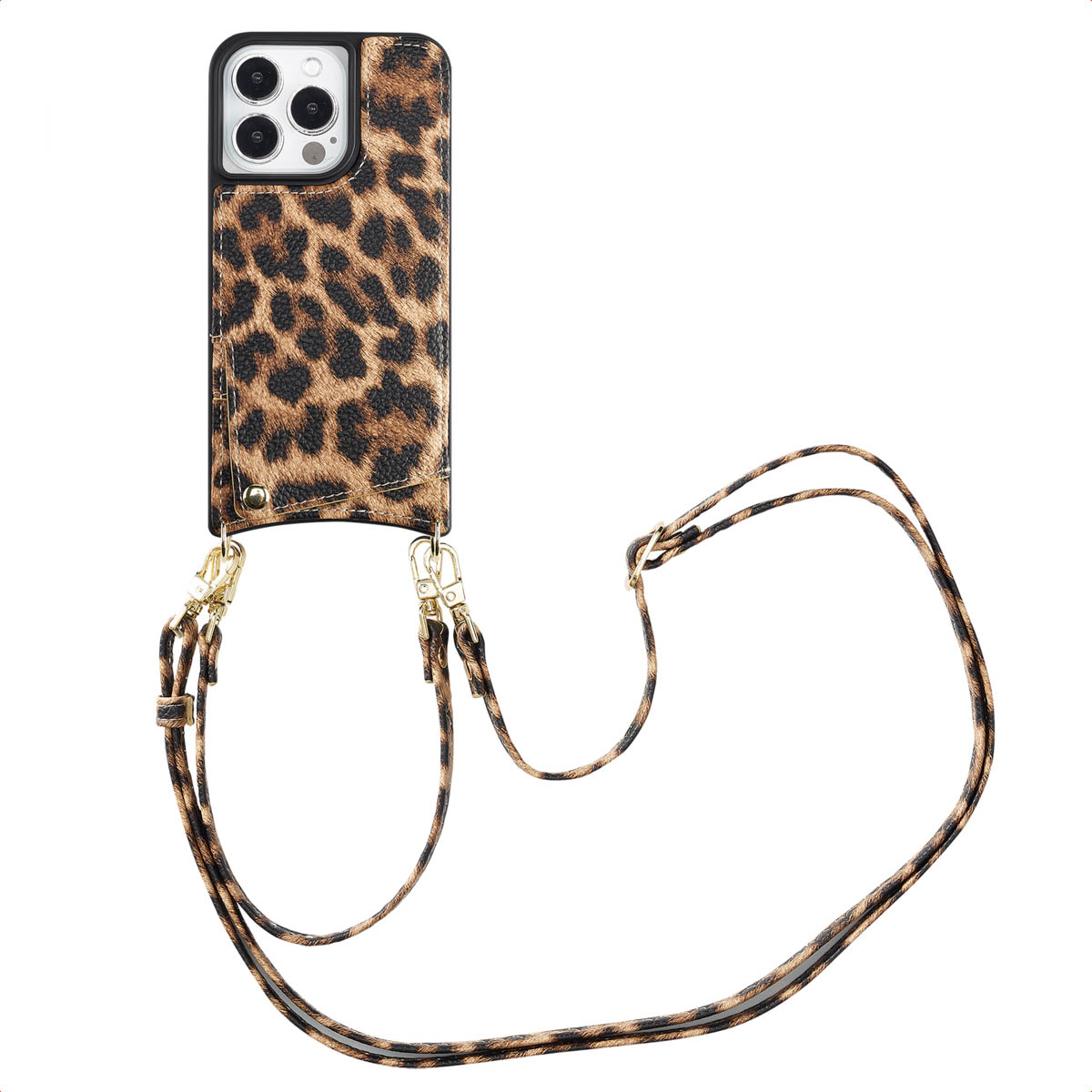 Een telefoonhoesje met luipaardprint en een riem. De riem is bedrukt.