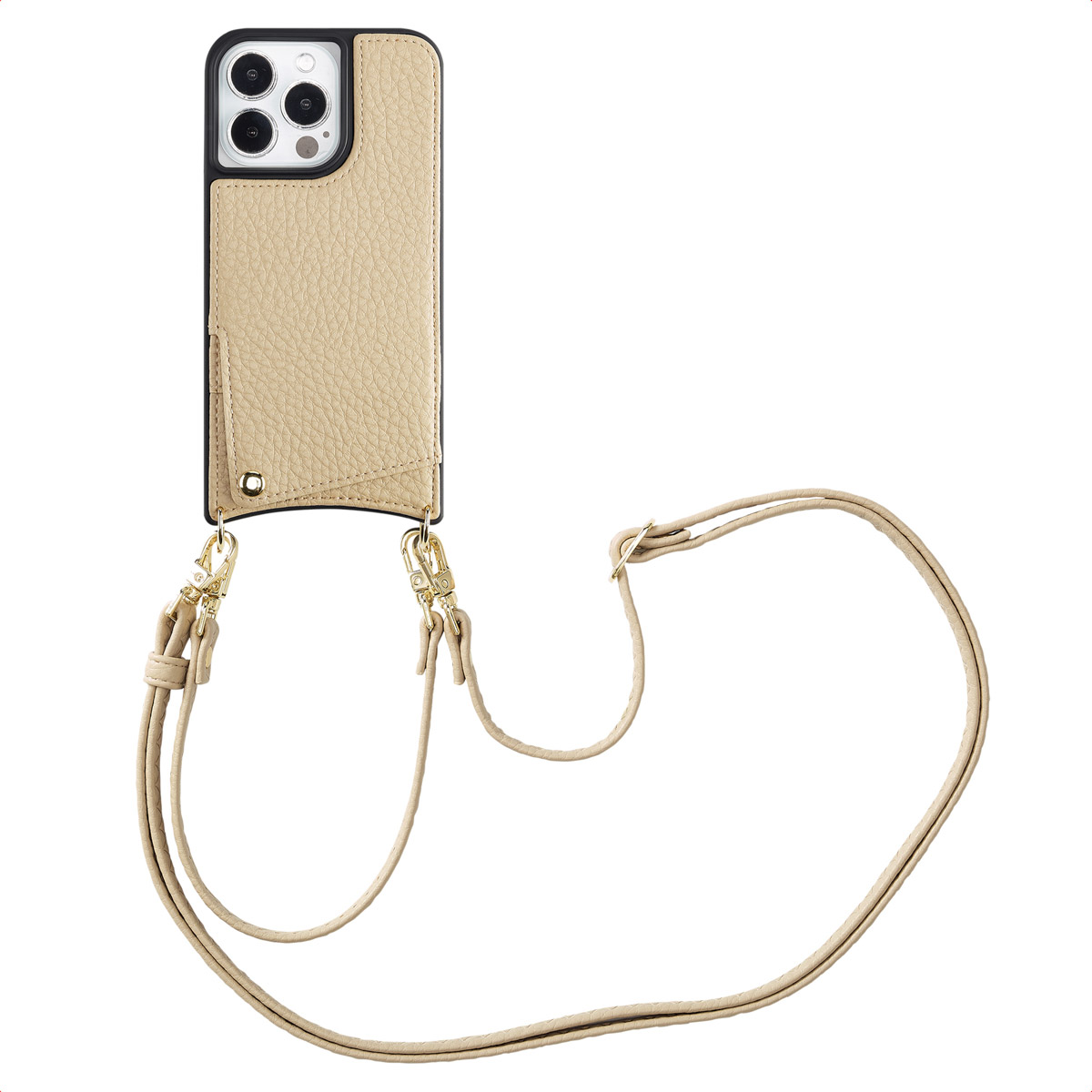 Beige telefoonhoes met een riem. De hoes heeft een leerachtige textuur. Gouden sluitingen houden de riem vast.