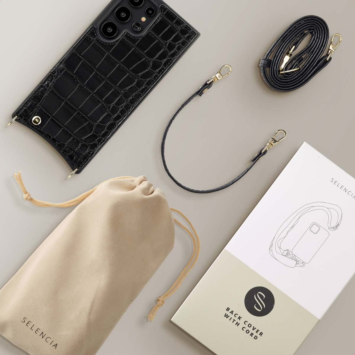 SELENCIA Nova Croco Backcover met koord en pashouder - Geschikt voor Samsung Galaxy S24 Ultra - Telefoonhoesje voor Samsung Samsung Galaxy S24 Ultra Zwart