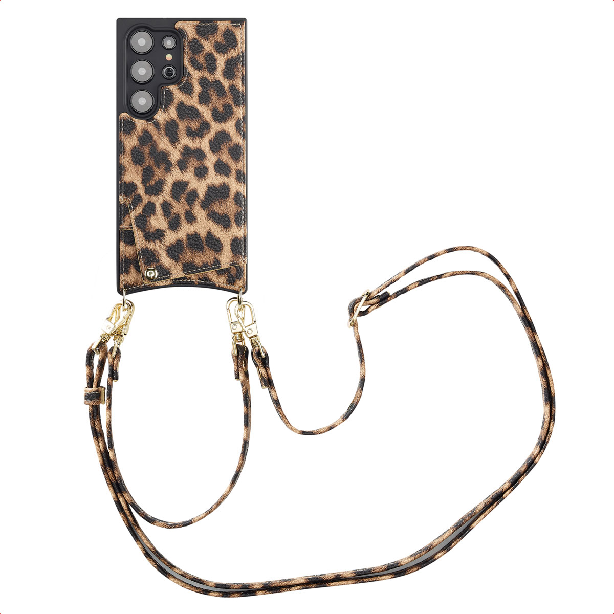 Telefoonhoesje met luipaardprint en een bandje.