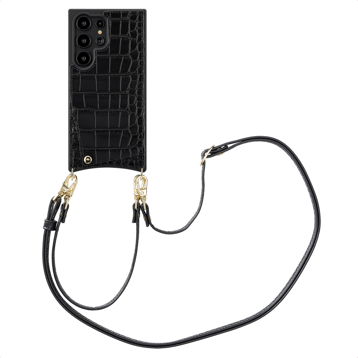 Zwarte telefoonhoes met krokodillenstructuur, riem en gouden details.