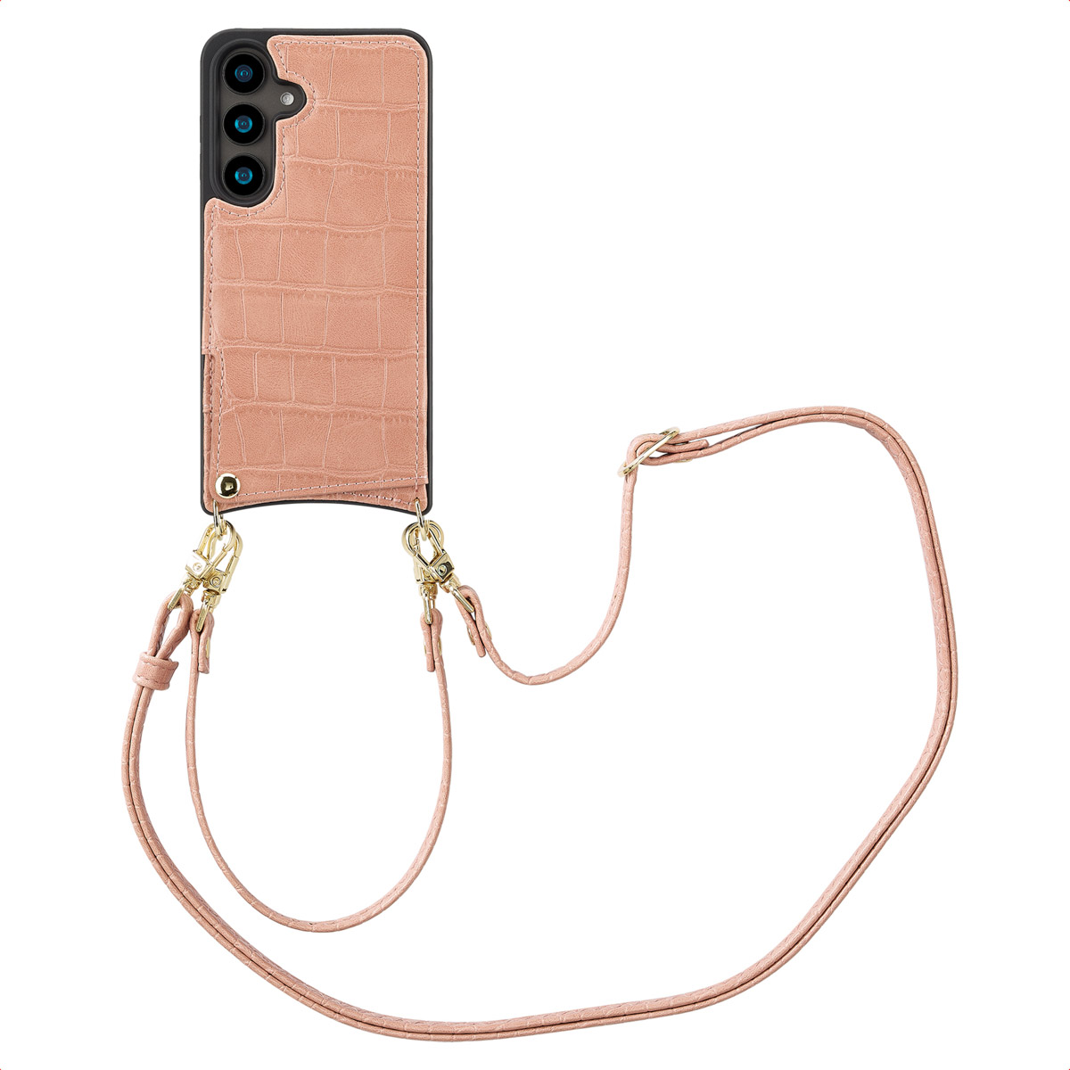 Roze telefoonhoesje met een riem en een telefoon erin, hangend aan een riem.