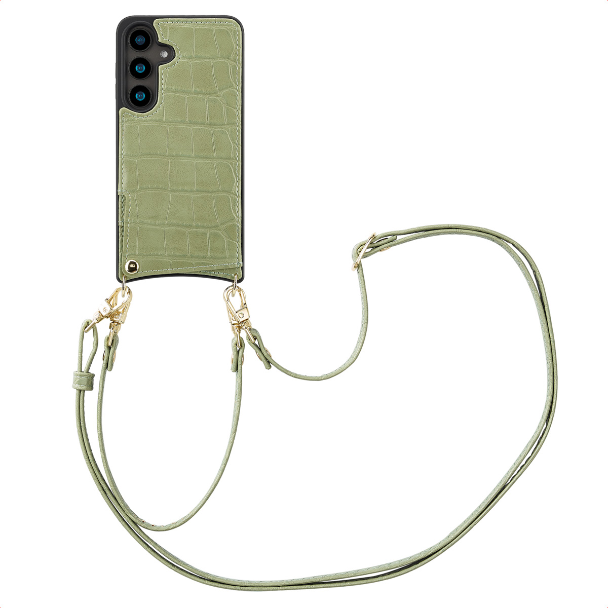 Groene telefoonhoes met riem. De hoes heeft een krokodillenleertextuur.