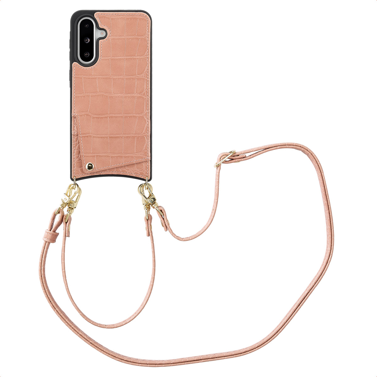 Roze telefoonhoes met een bandje, met een krokodillenleerpatroon. De band is ook roze.