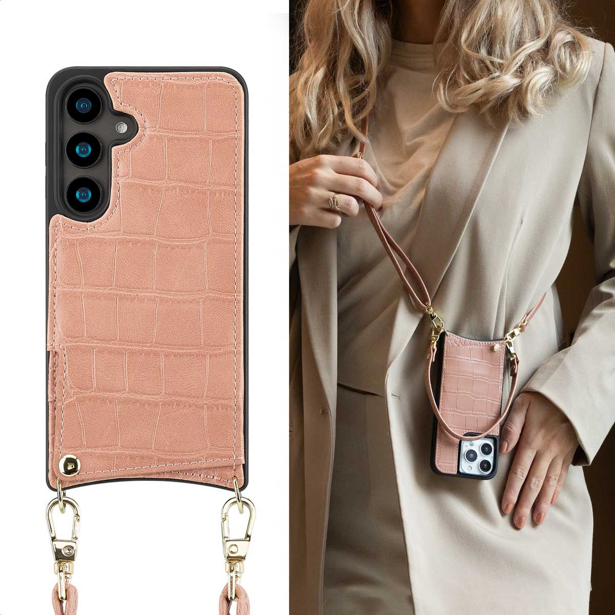 Roze telefoonhoesje met een riem, gedragen door een persoon. De hoes heeft een krokodillenleerpatroon.