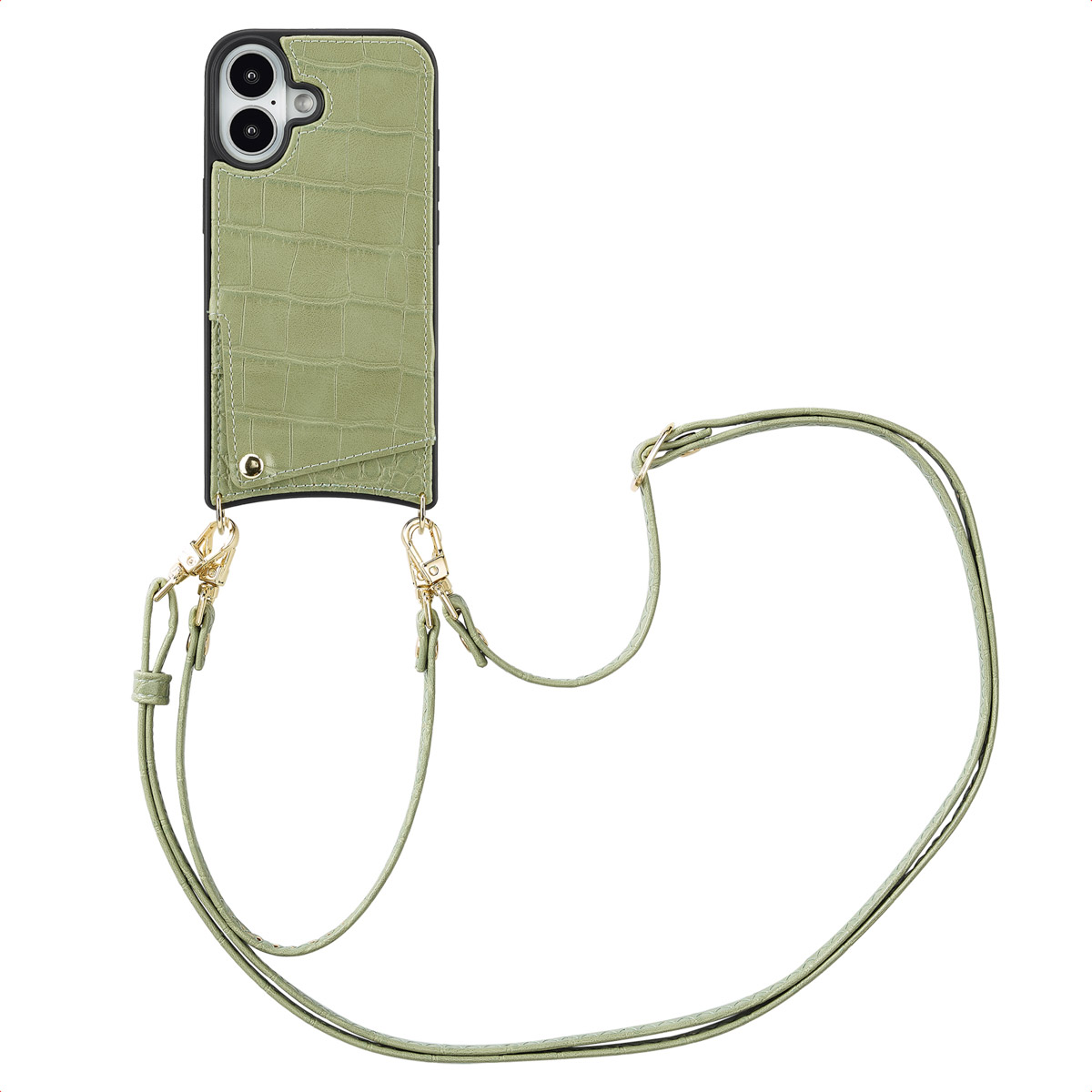 Een groene telefoonhoes met een riem. De hoes is groen en heeft een telefoon.