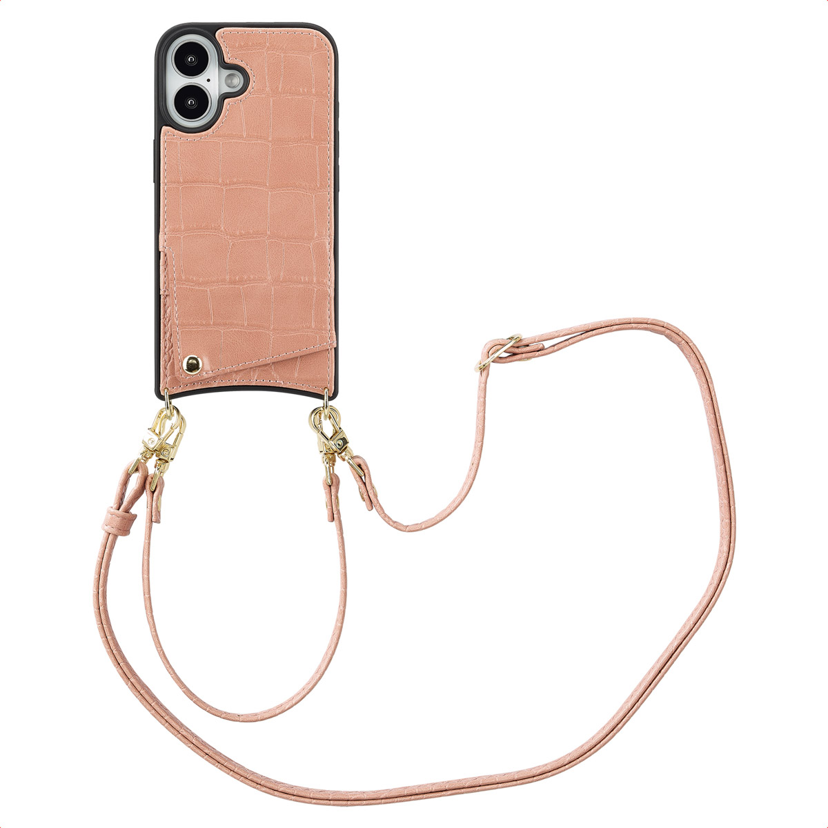 Roze telefoonhoes met kaartsleuven en een bandje. Gouden details. De telefoon zit erin.