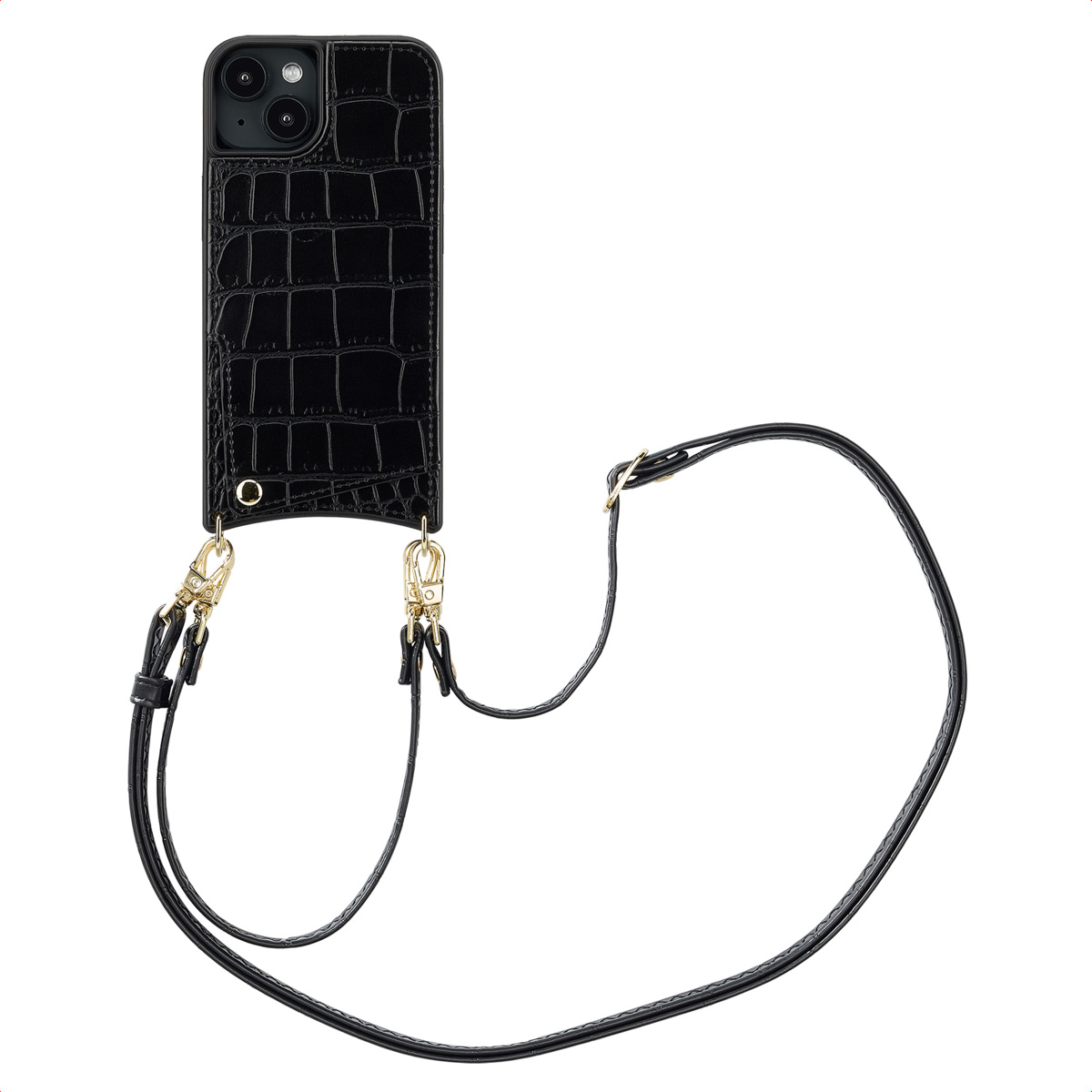 Custodia nera per telefono con cinturino e motivo a coccodrillo, sfondo bianco.
