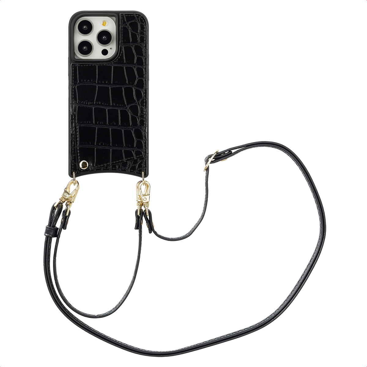 Un étui de téléphone noir avec une sangle, sur une surface blanche. L'étui a une texture peau de crocodile.