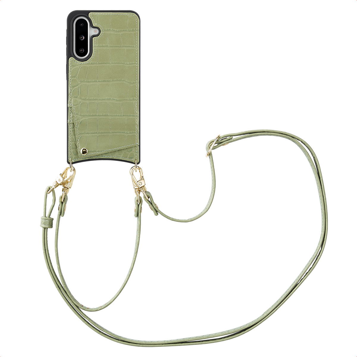Coque de téléphone verte avec une sangle.